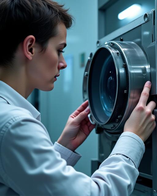 A technician carefully inspecting a large, high-precision optical lens.