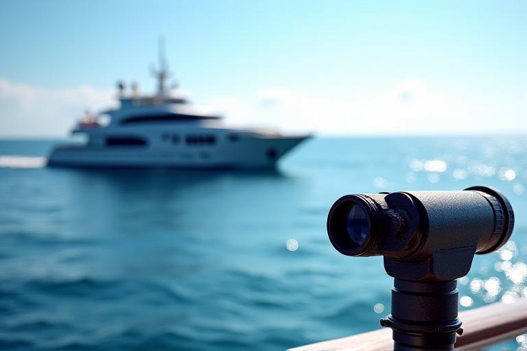 A yacht sailing on the open sea, with marine binoculars in the foreground.
